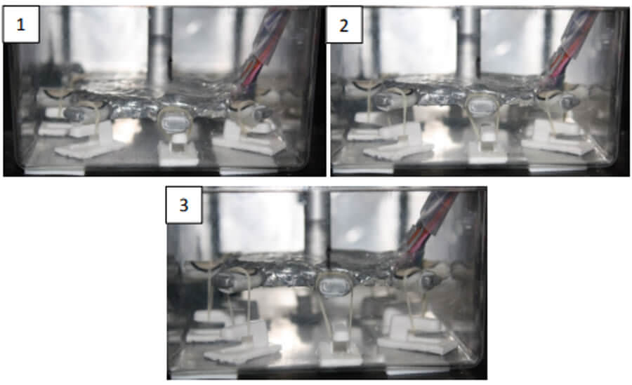 Fig. 9. 1. Estiramiento desde la posición inicial, 2. Siguiendo el proceso de estiramiento, 3. Estiramiento final a 19mm