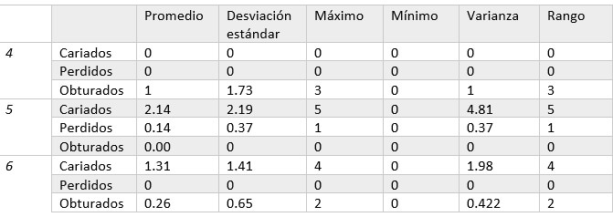 Tabla 6.  Estadística descriptiva por año escolar en dentición permanente.