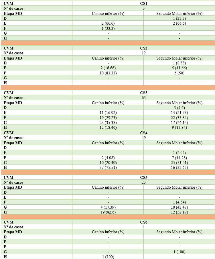 Tabla 2. Distribución estadíos MD de canino y segundo molar en etapas CVM.