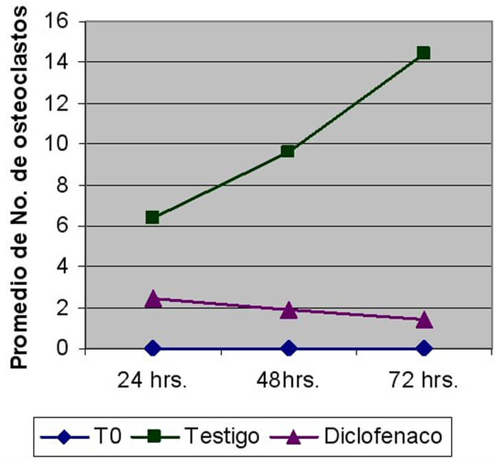 Figura 5 Gráfica de el número de osteoclastos presentes en la zona interradicular del primer molar maxilar en los diferentes grupos