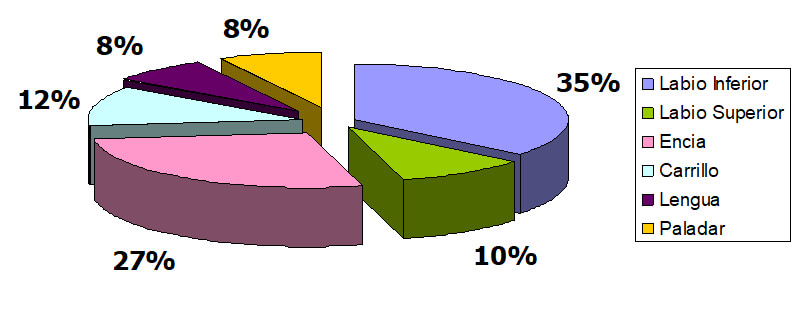 Gráfico 4 Distribución porcentual de las localizaciones más frecuentes en niños y adolescentes. Servicio de Clínica Estomatológica Facultad de Odontología. U.C.V. Fuente propia