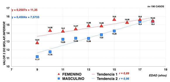 Gráfico 5 Correlación de pacientes de acuerdo a la edad cronológica y la calcificación del segundo molar inferior